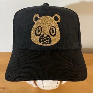 Black baseball Hat Corduroy with Gold Panda Design